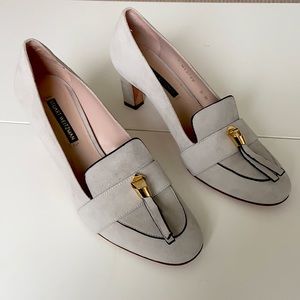 Muted blue/gray, Stuart Weitzman, heeled loafers